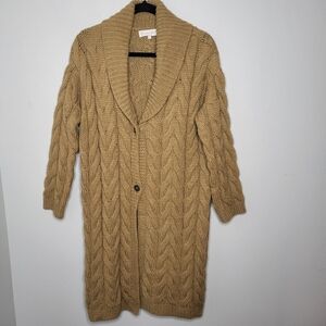 Giovanna Tricot Italian Made Long Tan Cable Knit Shawl Collar Sweater Size M